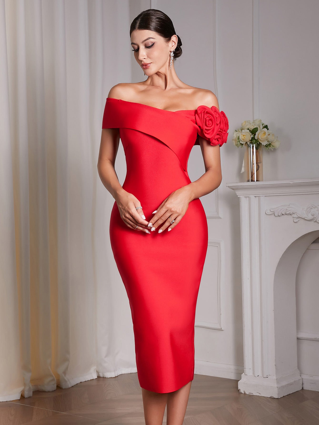 JESSICA RED 3D FLOWER BANDAGE MIDI DRESS