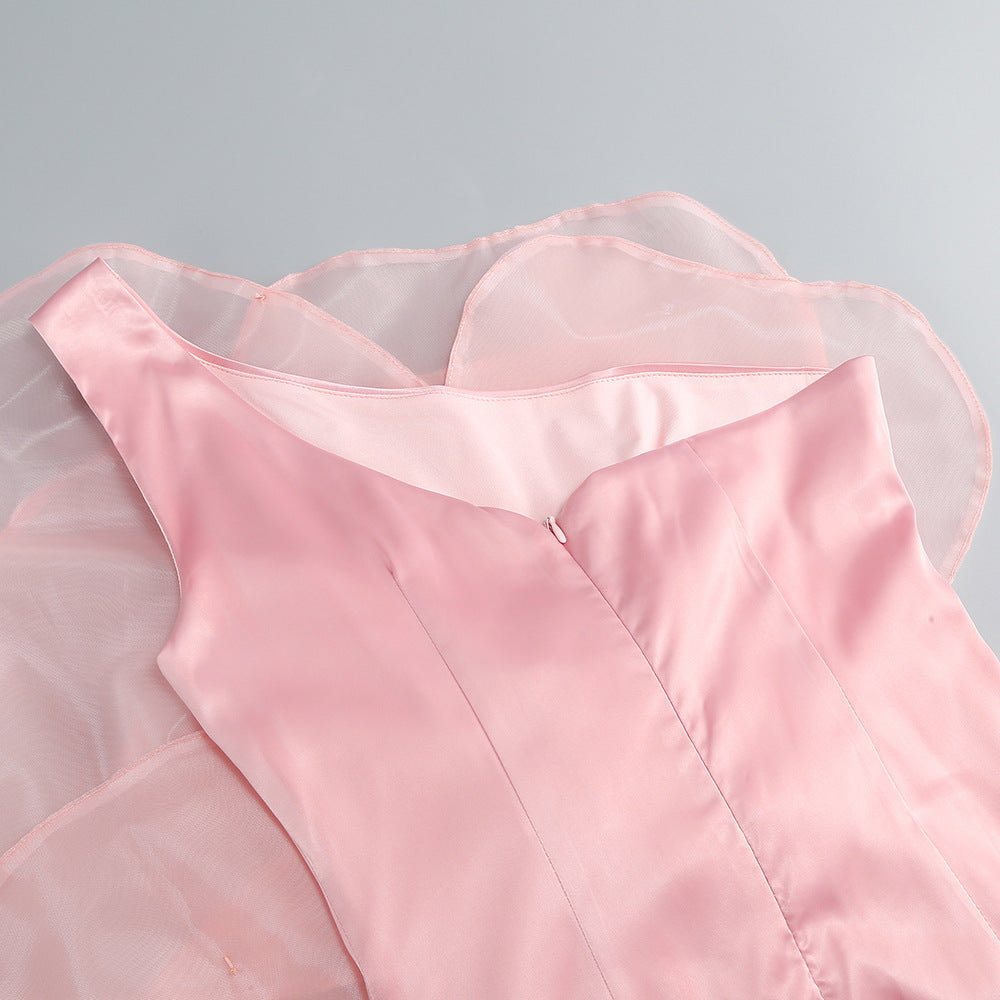 PINK ONE SHOULDER MESH FLOWER MIDI DRESS
