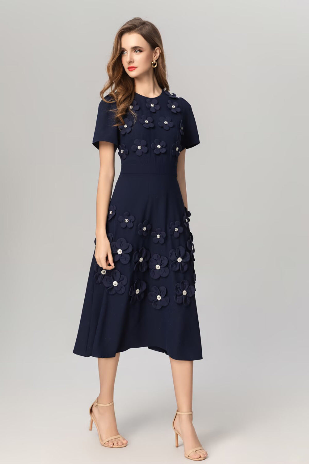 NAVY 3D FLOWER APPLIQUÉ MIDI DRESS FOR EVENTS