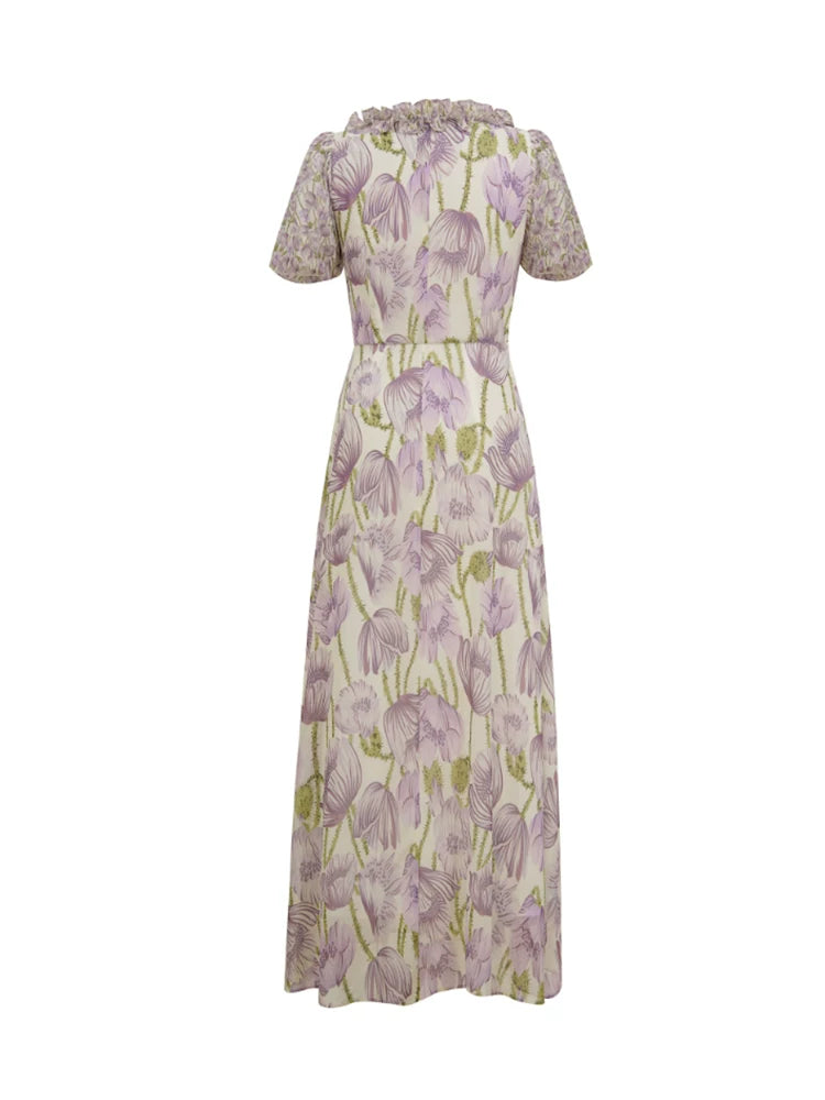 PURPLE FLORAL PUFF SLEEVE MIDI DRESS FOR WEDDING
