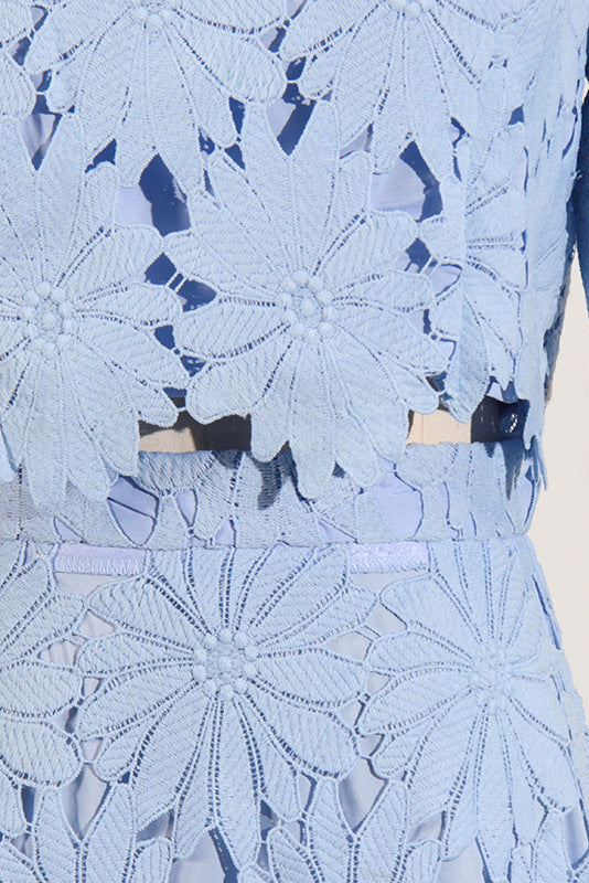 LACE EMBROIDERED BLUE TWO-PIECE SET, MAXI SKIRT, BOHO