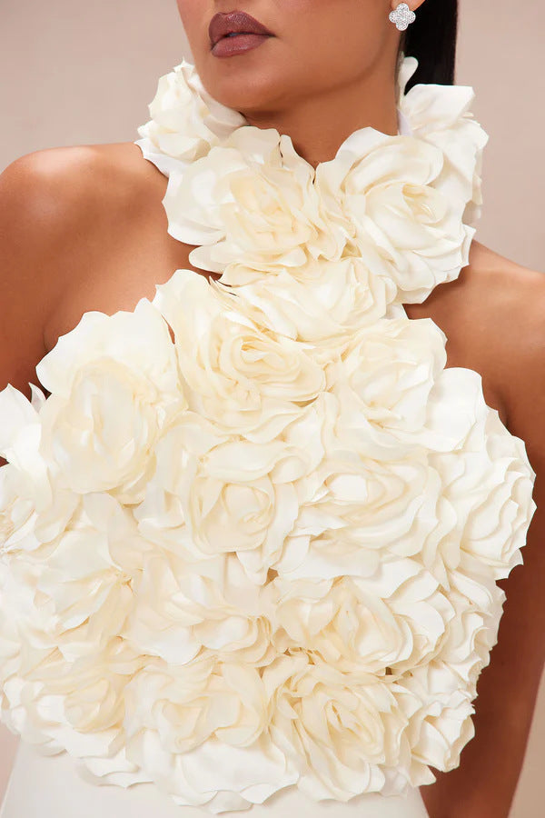 FLOWER BANDAGE MIDI DRESS WHITE