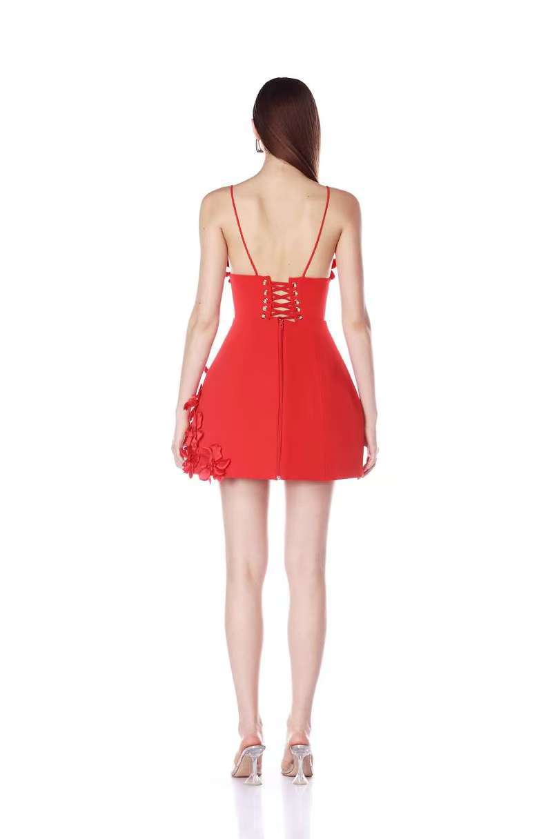 LYUBA RED 3D FLOWER A-LINE MINI PARTY DRESS