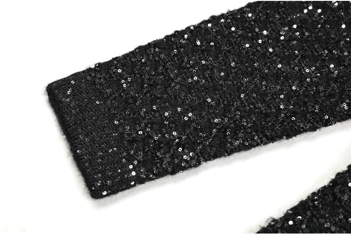 SEQUIN V-NECK CARDIGAN BLACK PARTY TOP