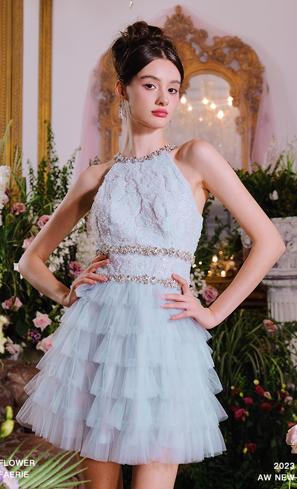 SLEEVELESS HALTER LAYERED PARTY DRESS