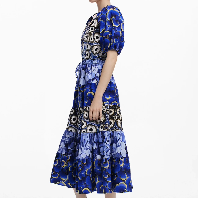 BLUE MIXED PRINT PUFF SLEEVE TIERED MIDI DRESS