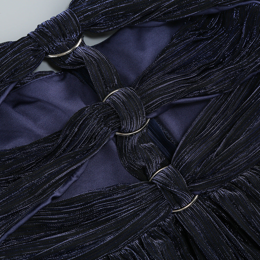 NAVY BLUE HALTER PLEATED CUTOUT MAXI DRESS