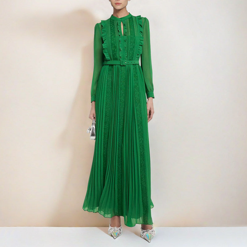 GREEN LACE SPLICE PLEATED MIDI DRESS FOR WEDDING