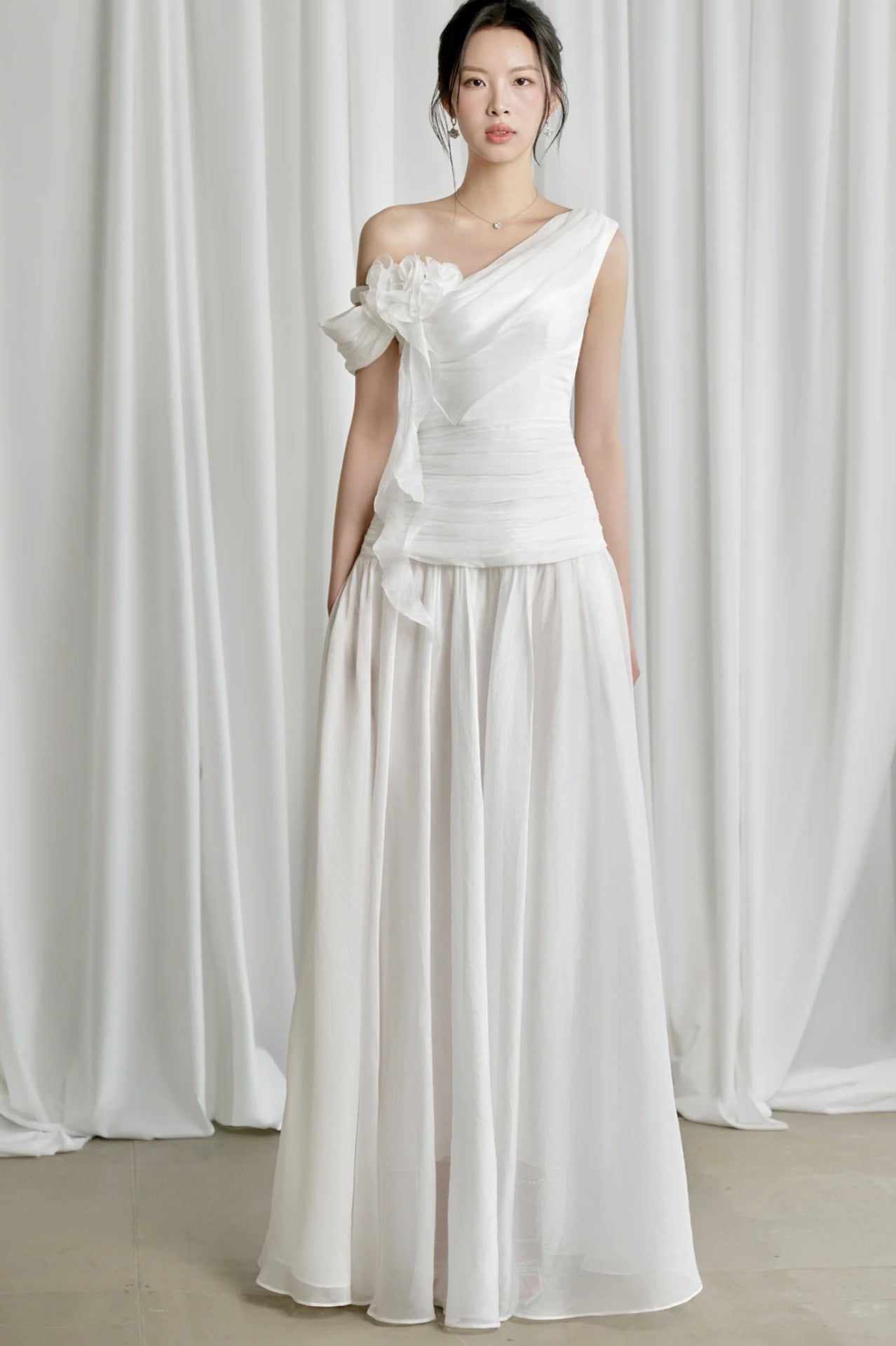 ONE-SHOULDER 3D FLOWER RUCHED MAXI DRESS