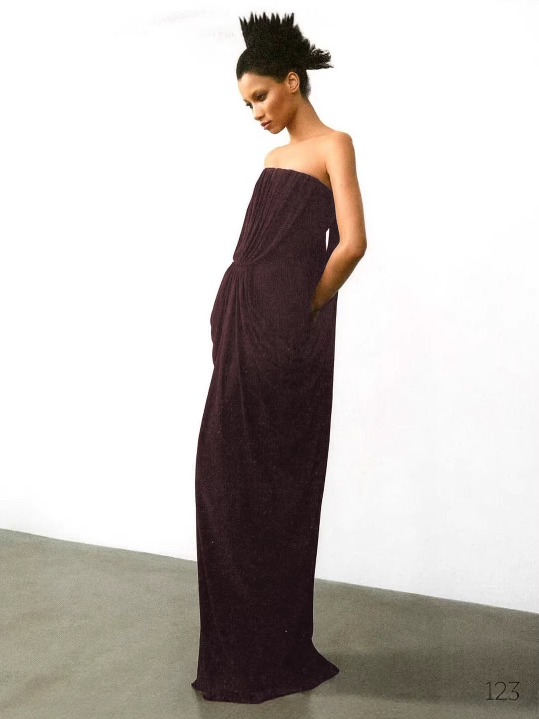 SIMONA BROWN STRAPLESS PLEATED GOWN
