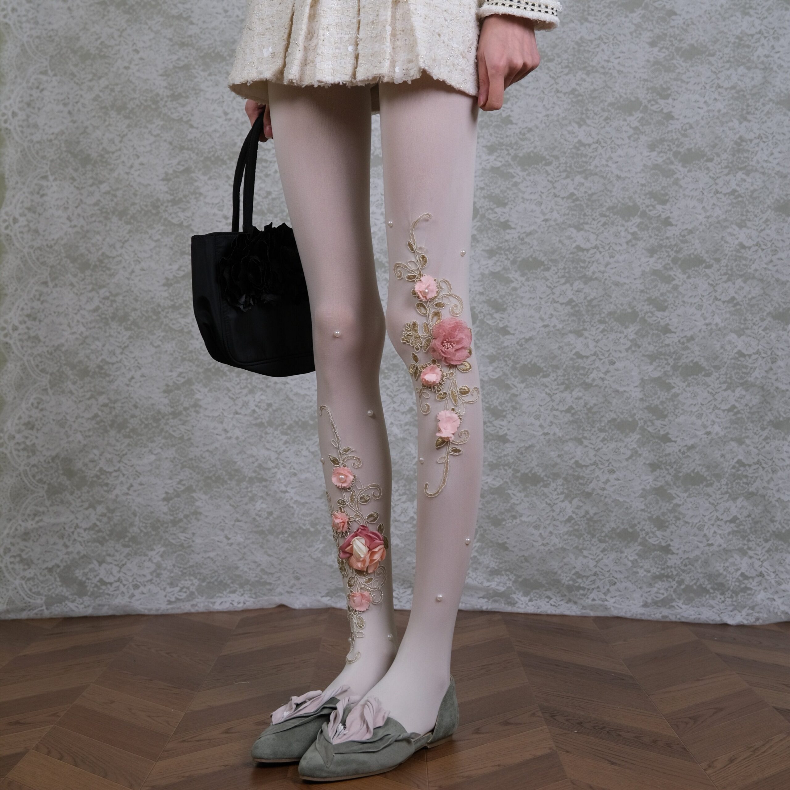 SHEER WHITE FLORAL EMBROIDERED TIGHTS, 3D PEARL BRIDAL HOSIERY
