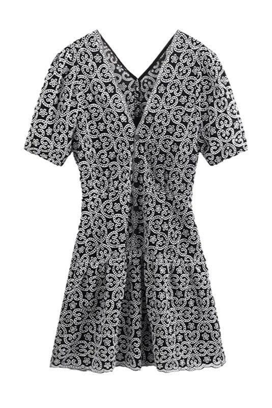 BLACK V-NECK GUIPURE LACE MINI DRESS