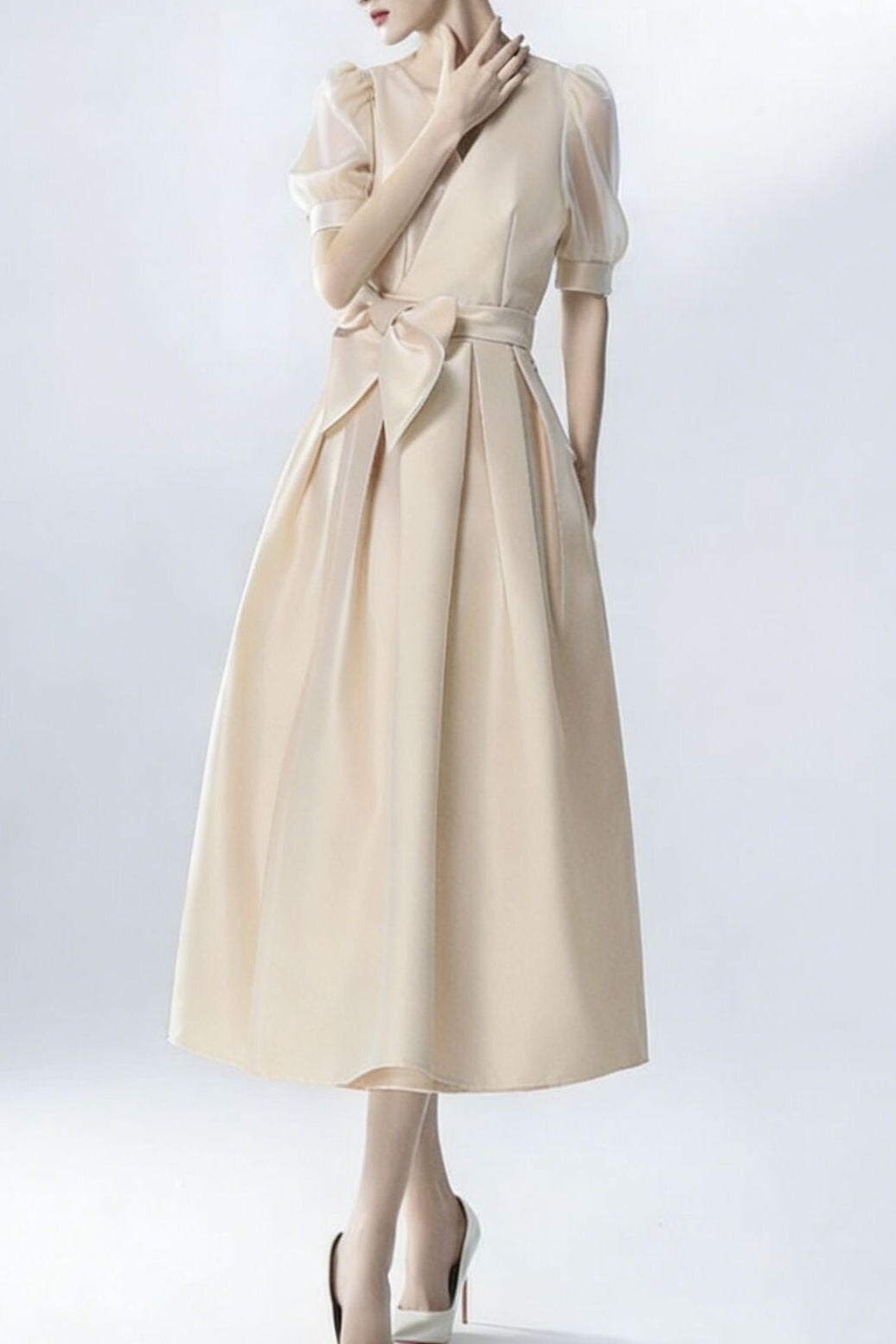 SATIN PUFF SLEEVE BOW BELT MIDI DRESS