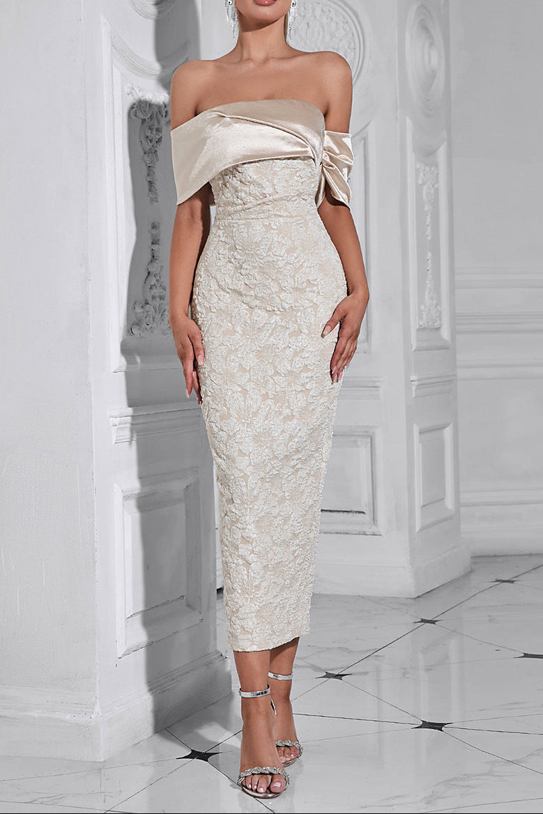 POLLY OFF-SHOULDER JACQUARD FLORAL MAXI DRESS - APRICOT