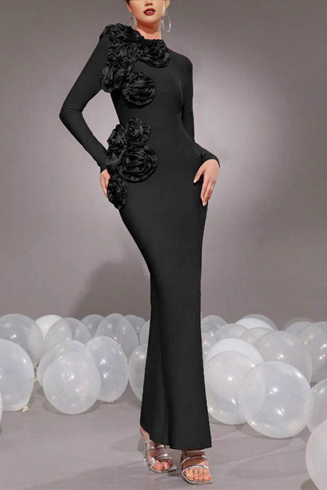 SALLY 3D FLOWER BANDAGE MAXI DRESS BLACK