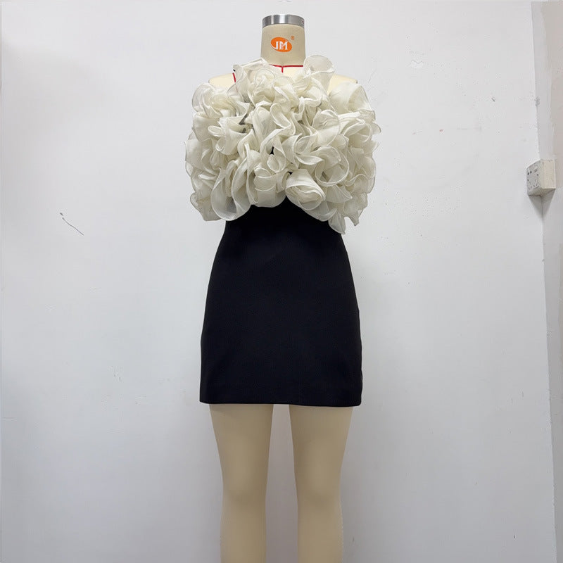 ROSEMARY BACKLESS RUFFLE MINI BLACK DRESS