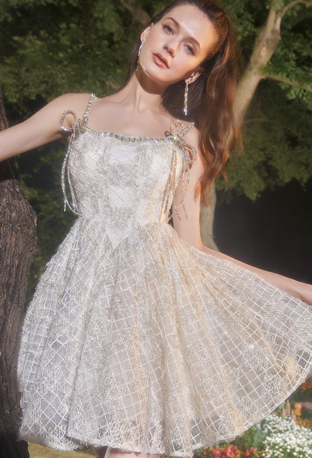 BEIGE SQUARE NECK LACE SLEEVELESS COCKTAIL DRESS