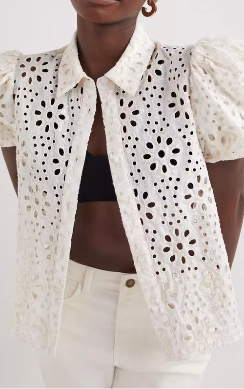 White Eyelet Embroidered Puff Sleeve Open Shirt White Eyelet Embroidered Puff Sleeve Open Shirt