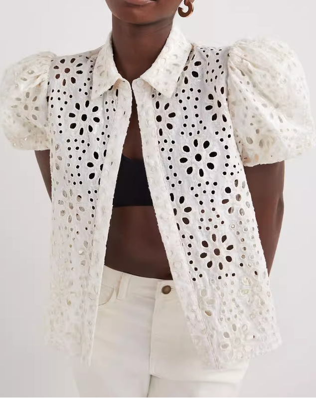 White Eyelet Embroidered Puff Sleeve Open Shirt