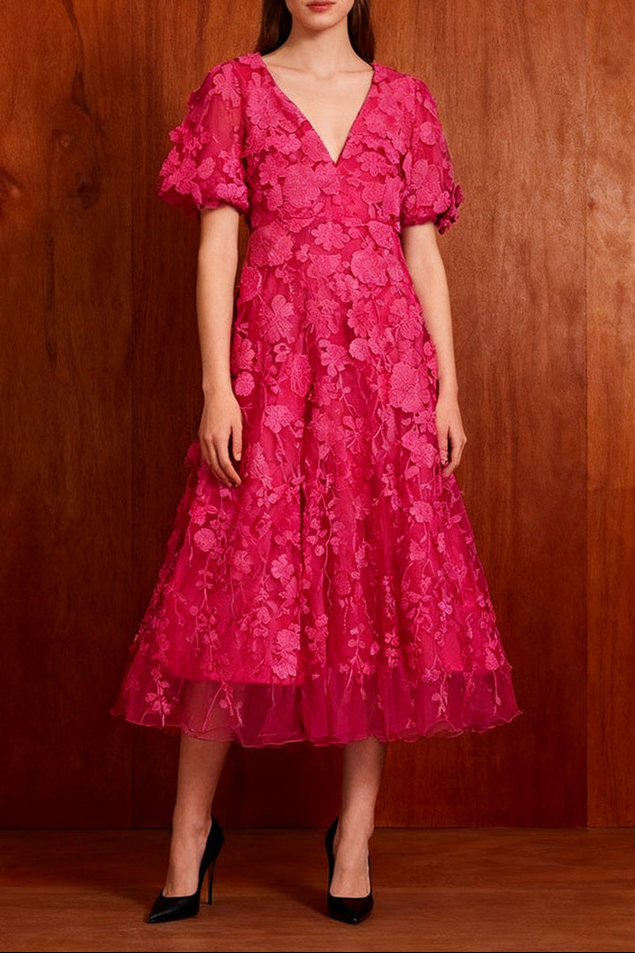 O1CN016Sewys1v3BR8nwICF__2485646116-0-cib MODESTY PUFF SLEEVE V-NECK EMBROIDERY MIDI DRESS ROSE RED