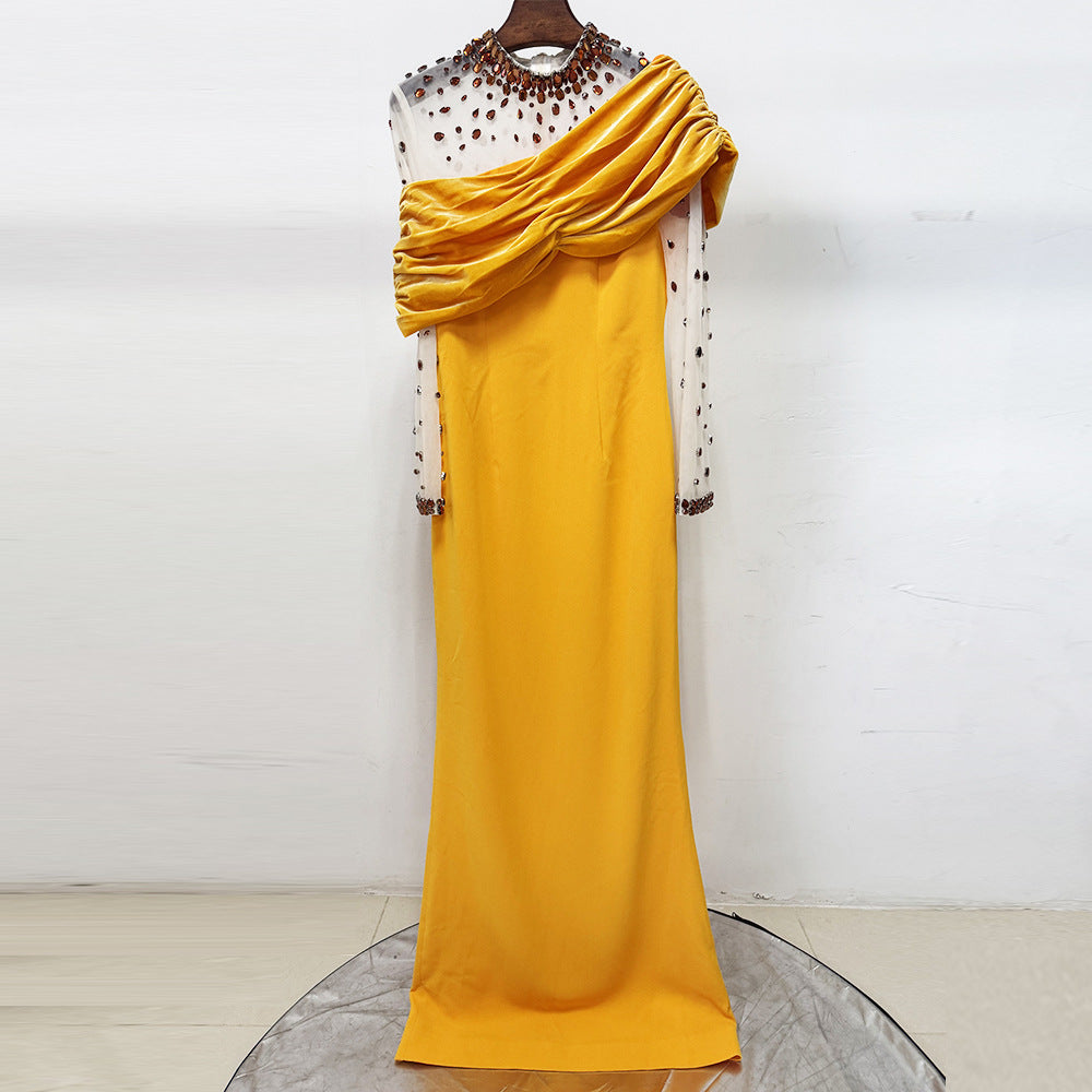 MESH PANEL BEADED RHINESTONE MAXI DRESS YELLOW