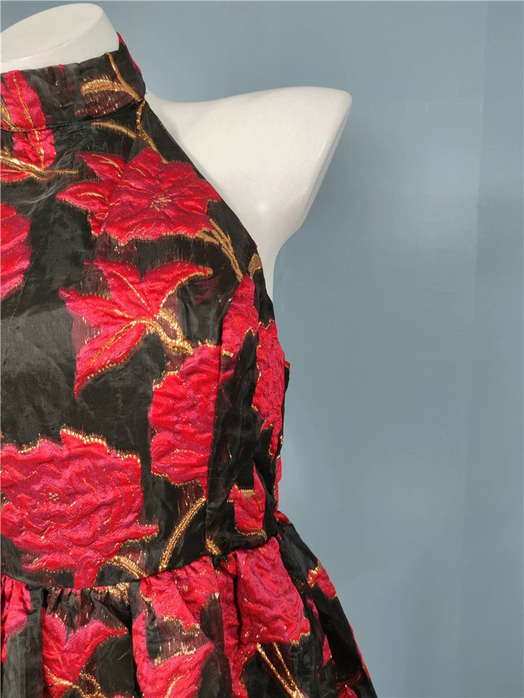 JACQUARD HALTER BACKLESS A-LINE MINI DRESS