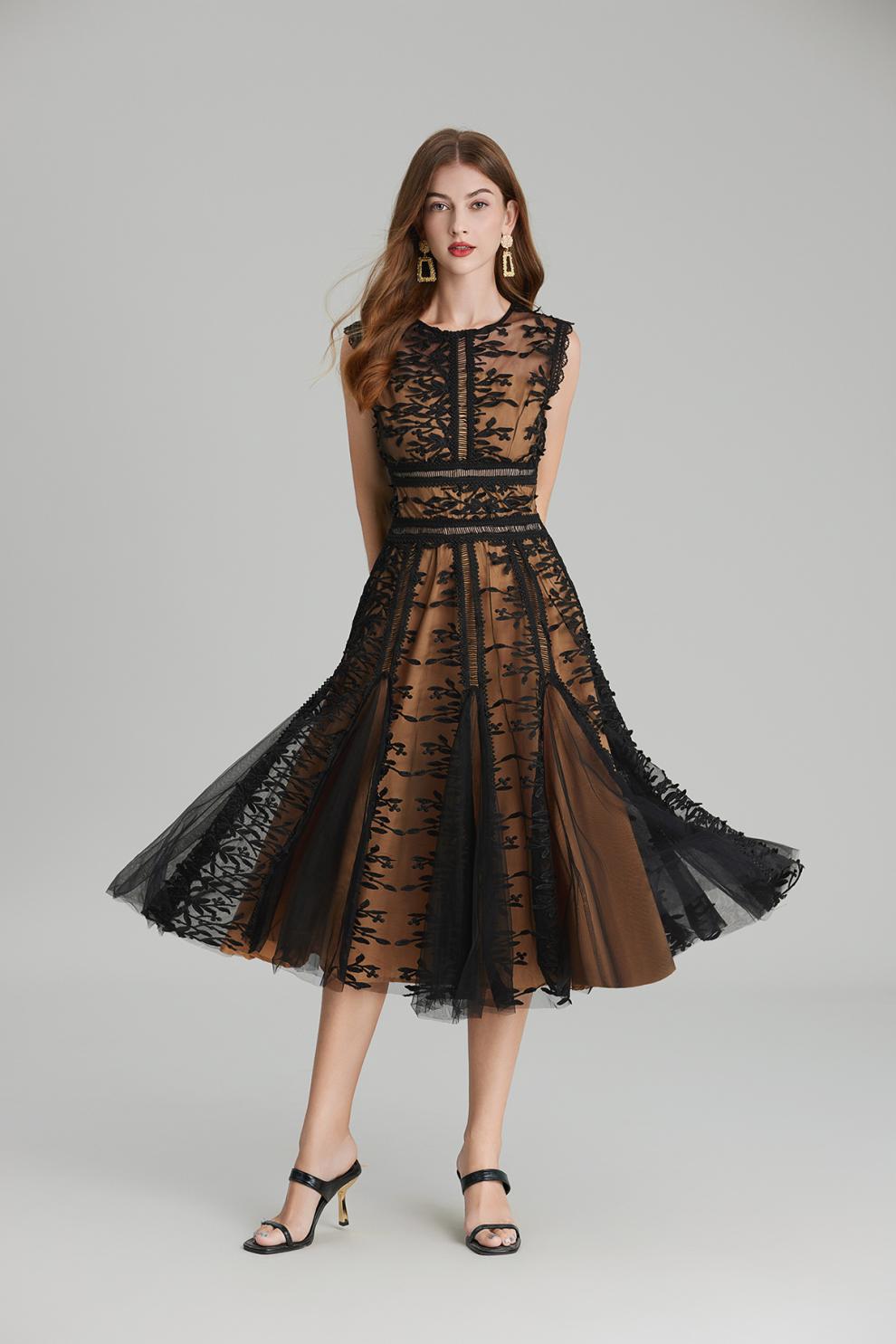 PHOENIX 3D LACE MIDI DRESS BLACK EMBROIDERED