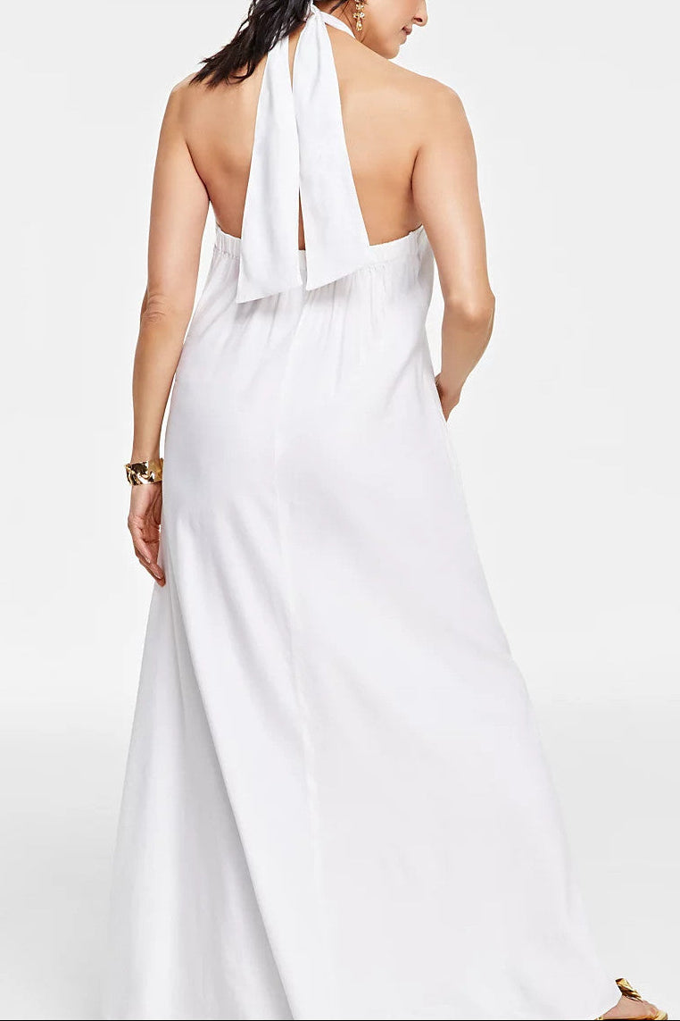 WHITE FLORAL BUTTERFLY HALTER MAXI DRESS