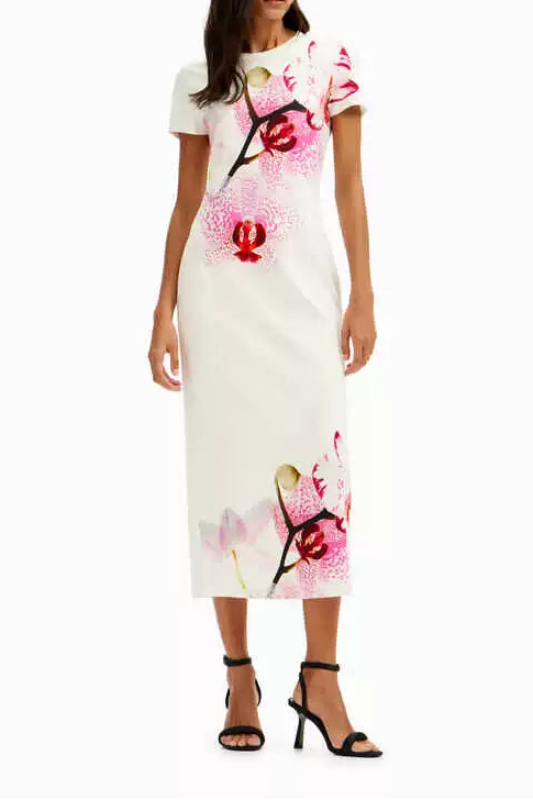 ORCHID PRINT BACK SLIT SLIM MIDI DRESS