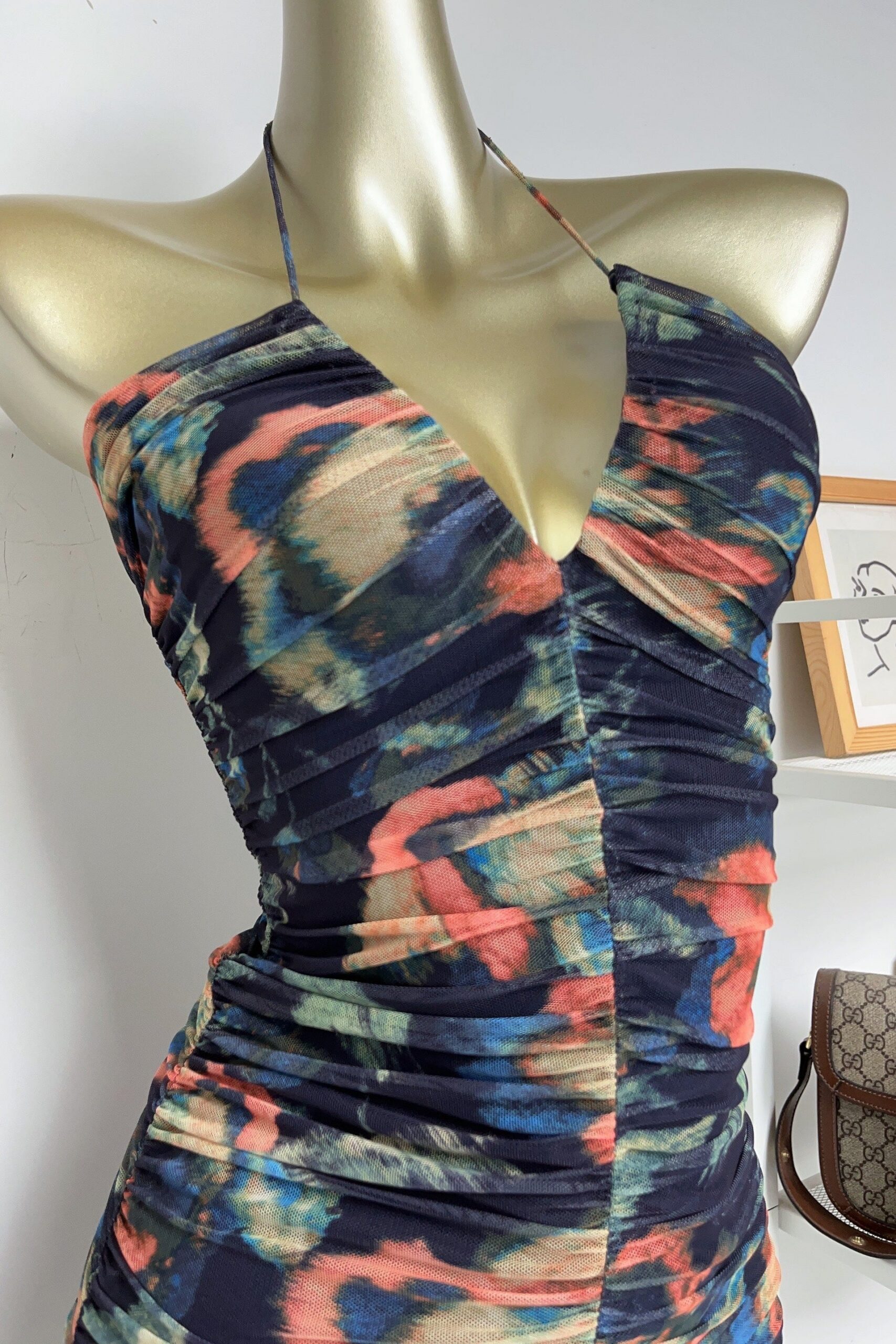MULTICOLOR FLORAL PLEATED BODYCON MINI DRESS