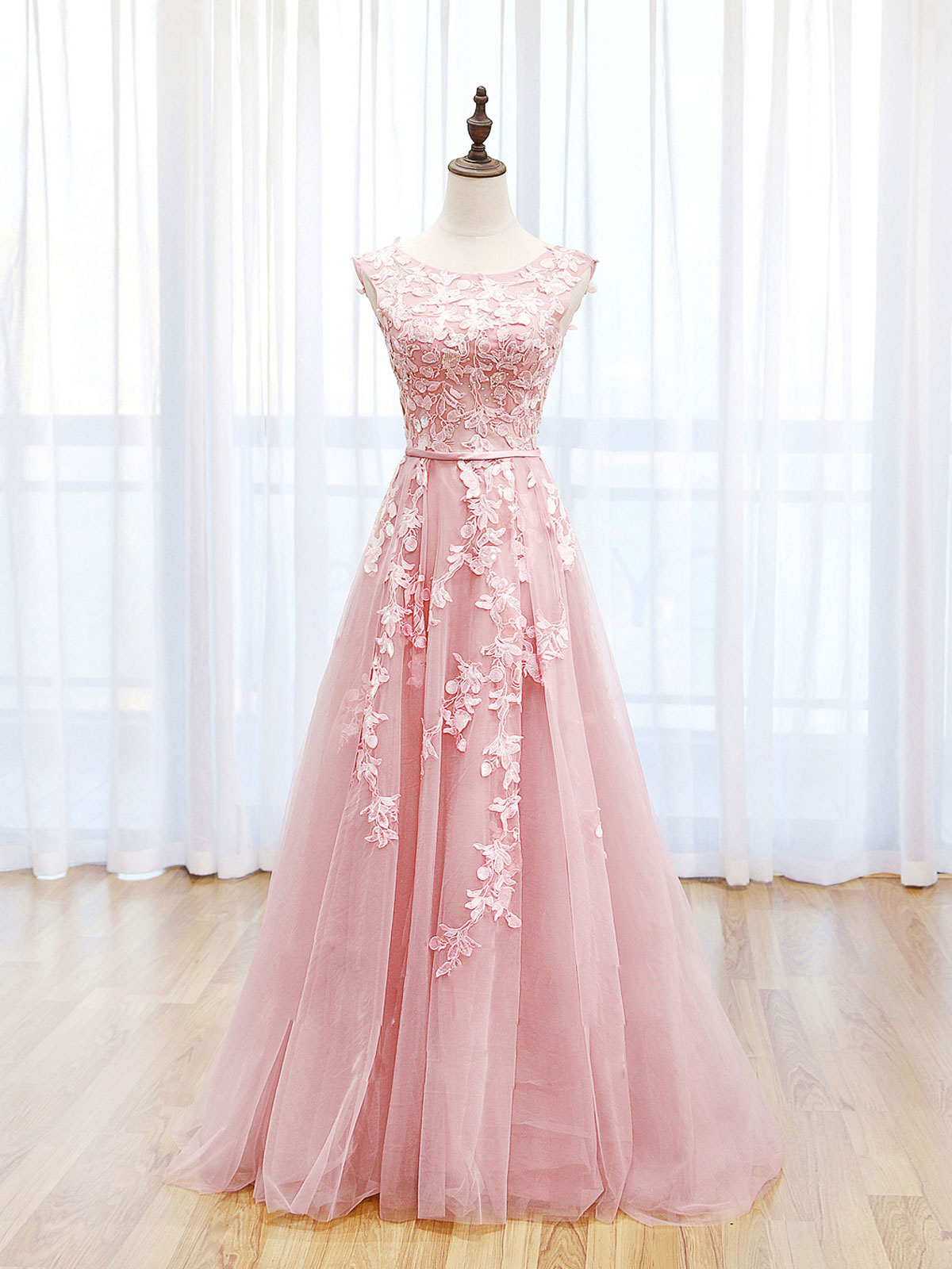 A-LINE PINK LACE FLORAL PARTY DRESS