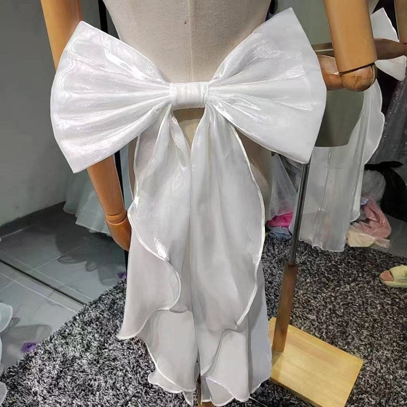 SHIMMER ORGANZA GIANT BOW SASH BACK RUFFLE