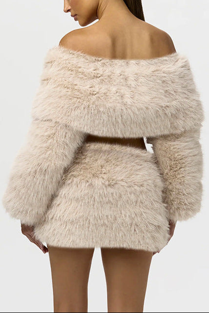 VERNA FAUX FUR OFF-SHOULDER TOP, BEIGE, EVENING