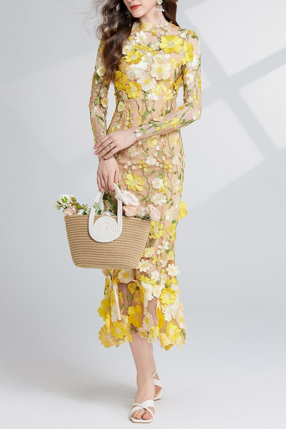 CAROL YELLOW FLORAL EMBROIDERY LONG SLEEVE MIDI DRESS