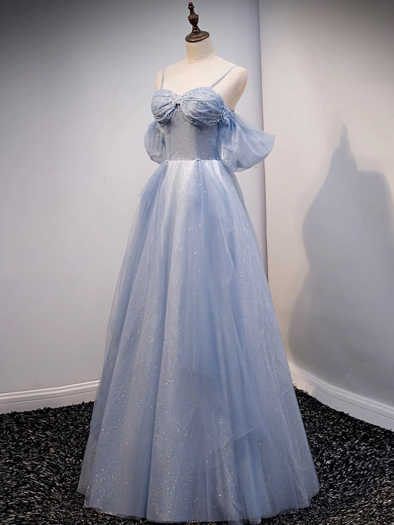 A-LINE OFF-SHOULDER TULLE GRAY BLUE PROM DRESS