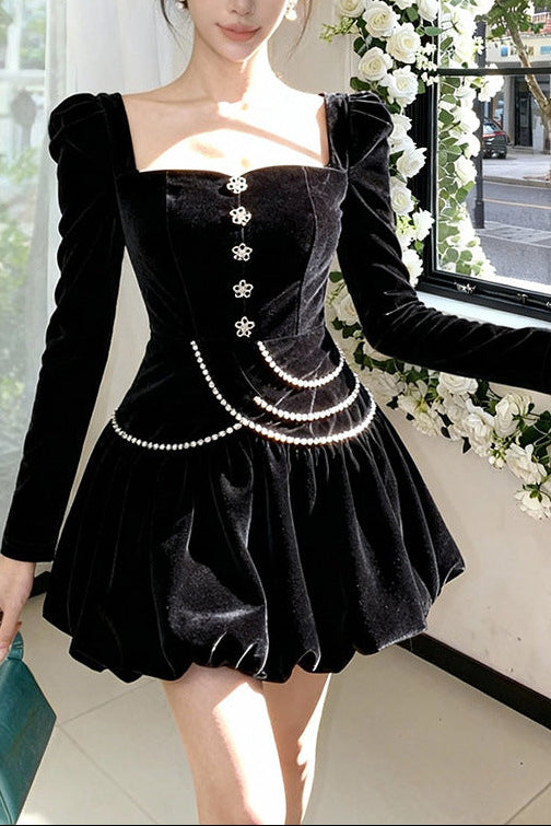 VANESSA BLACK VELVET SQUARE NECK RHINESTONE MINI DRESS
