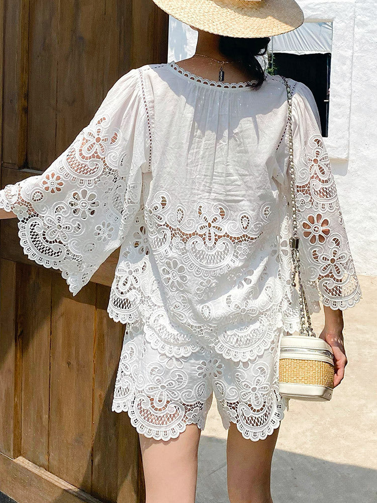 WHITE LACE EMBROIDERED HOLLOW PARTY SUIT