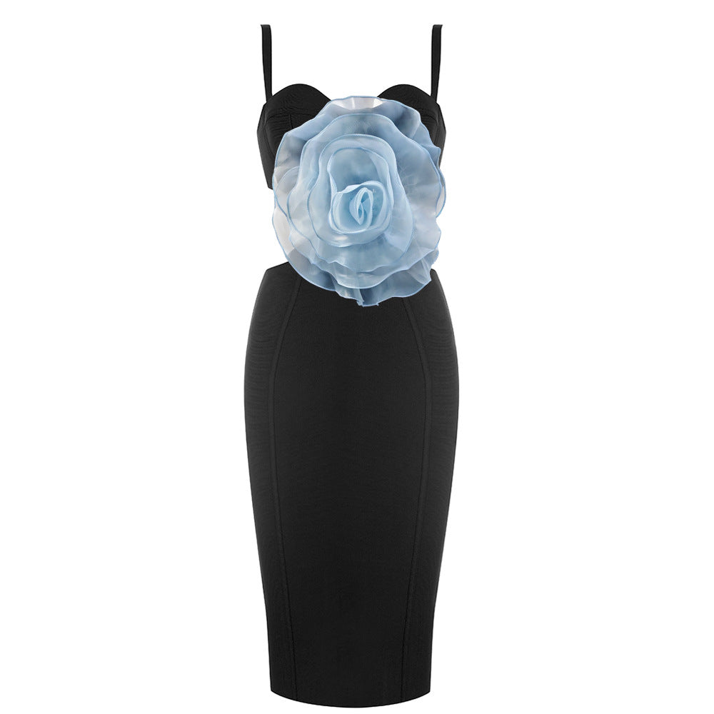 JACEY MESH FLOWER BANDAGE MIDI DRESS