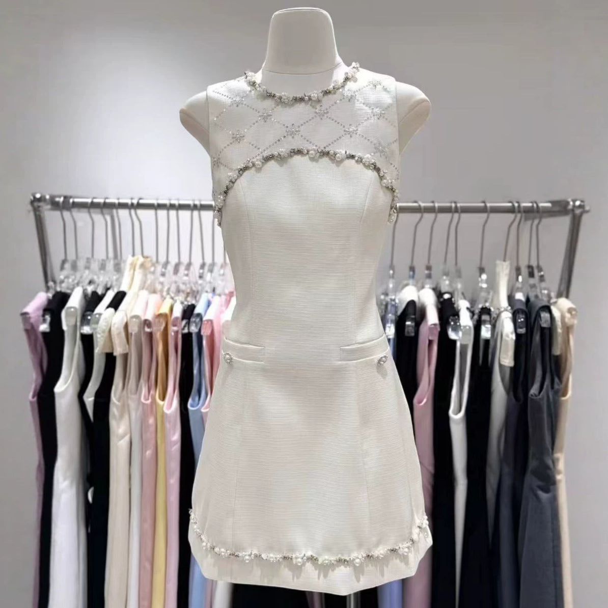 RHINESTONE A-LINE MINI DRESS BEIGE PARTY