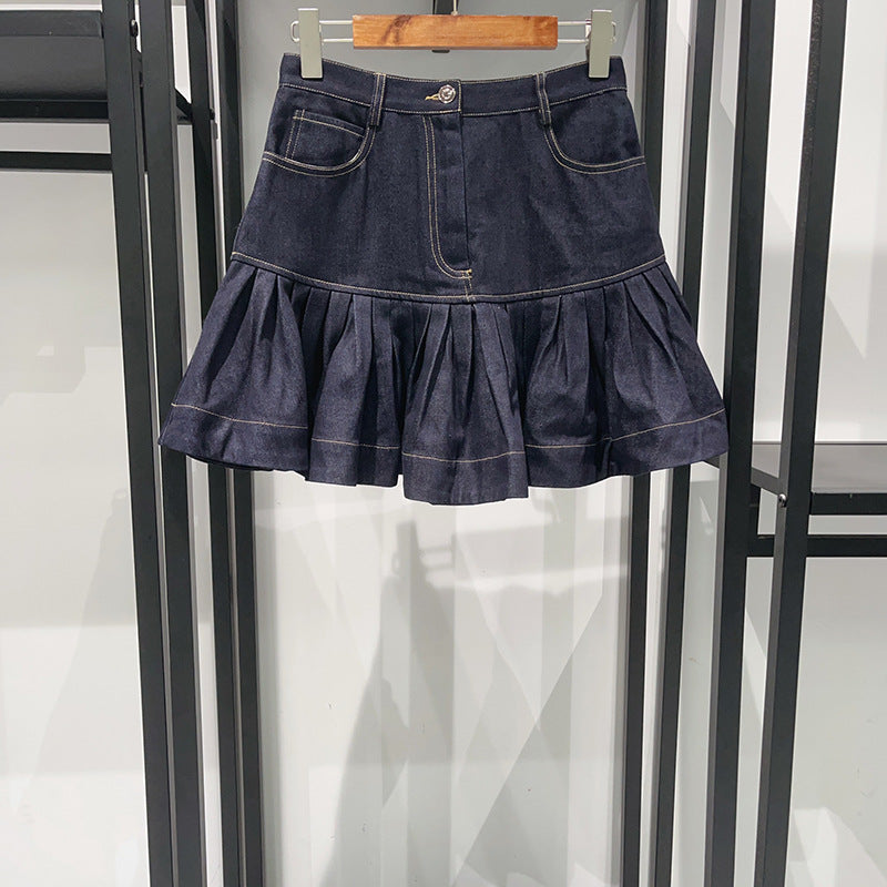 RUFFLED DEEP BLUE MINI DENIM SKIRT FOR PARTIES