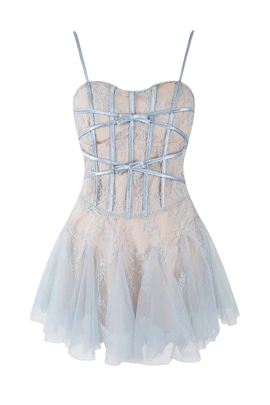 LIGHT BLUE LACE CORSET TULLE MINI DRESS