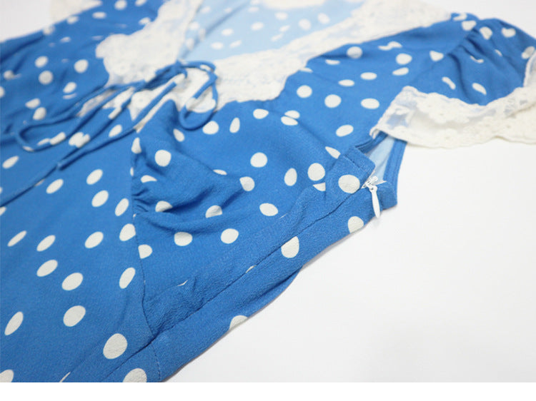 POLKA DOT LACE V-NECK MAXI DRESS IN BLUE