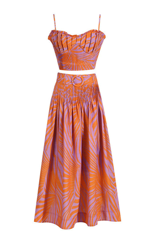 PLEATED FLORAL BUSTIER TOP & SKIRT SET, BLUE, BEACH