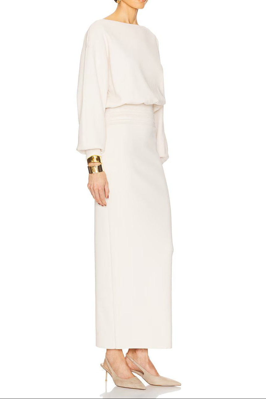 EDITH HIGH-WAIST STRETCHY MAXI DRESS, WHITE