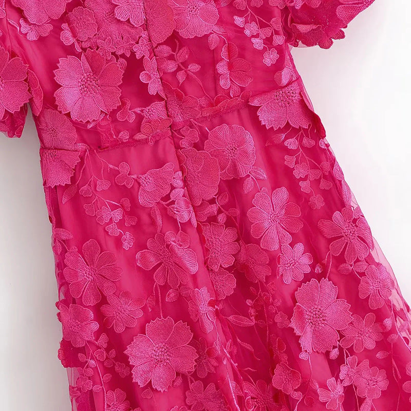 MODESTY PUFF SLEEVE V-NECK EMBROIDERY MIDI DRESS ROSE RED