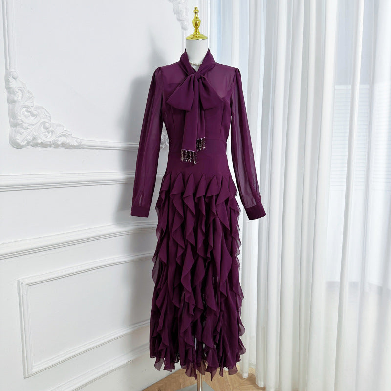 BONNIE PURPLE BOW NECK TIERED RUFFLE MAXI DRESS