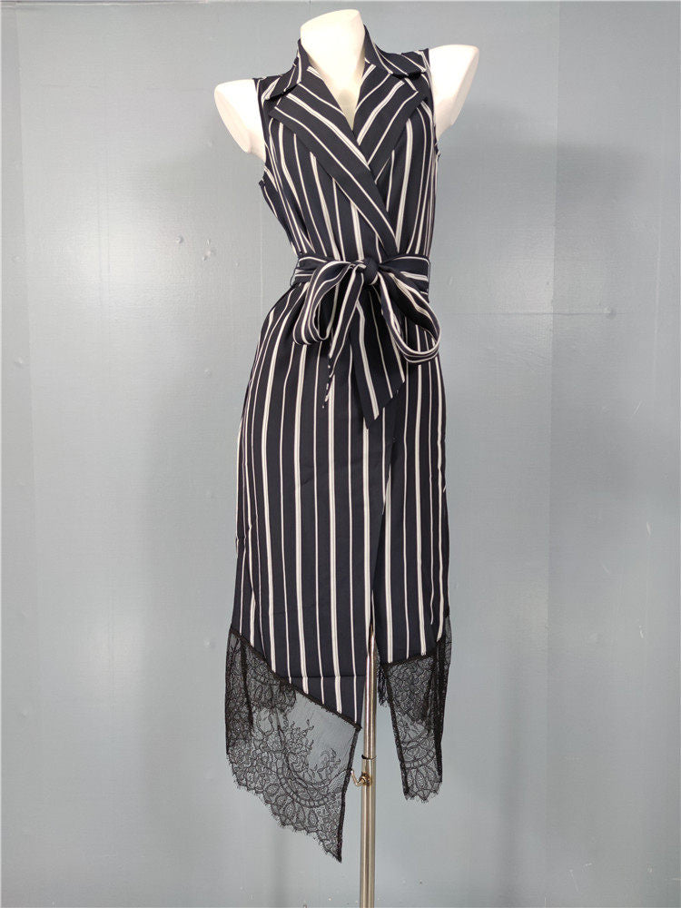SLEEVELESS STRIPED BLAZER MIDI DRESS WITH LACE TRIM