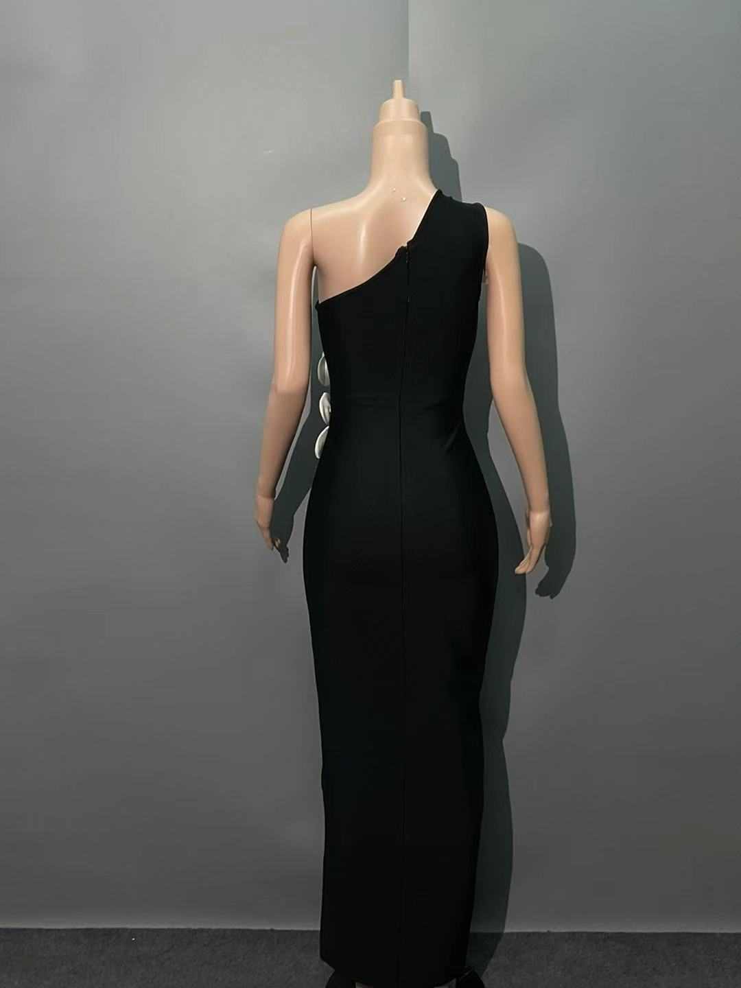 BLACK ONE SHOULDER BANDAGE SLIT MAXI DRESS