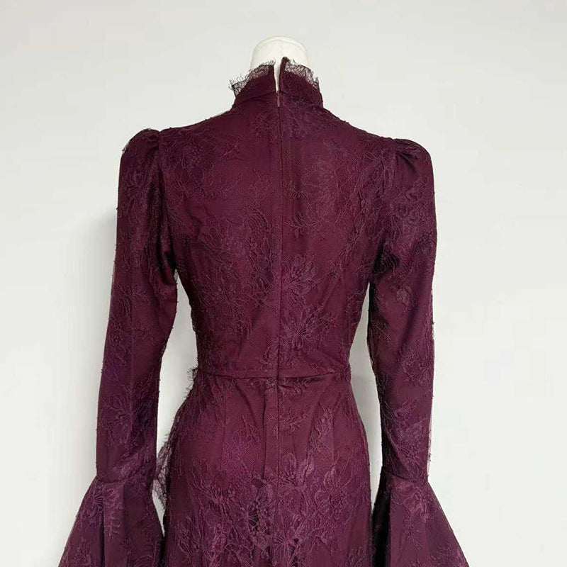 VICTORIA BURGUNDY LONG LANTERN SLEEVE LACE-TRIM MAXI DRESS