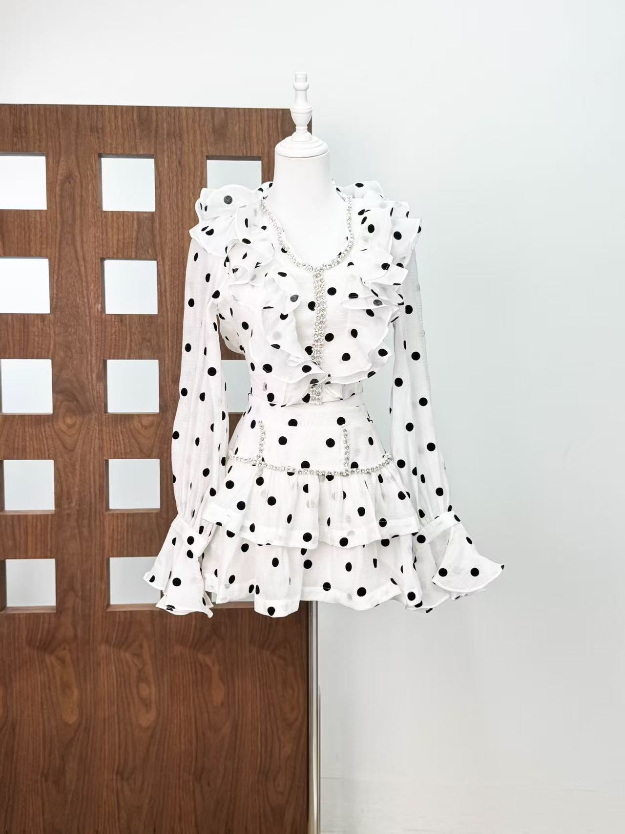 BLACK WHITE POLKA DOT PUFF SLEEVE DRESS FOR PARTY